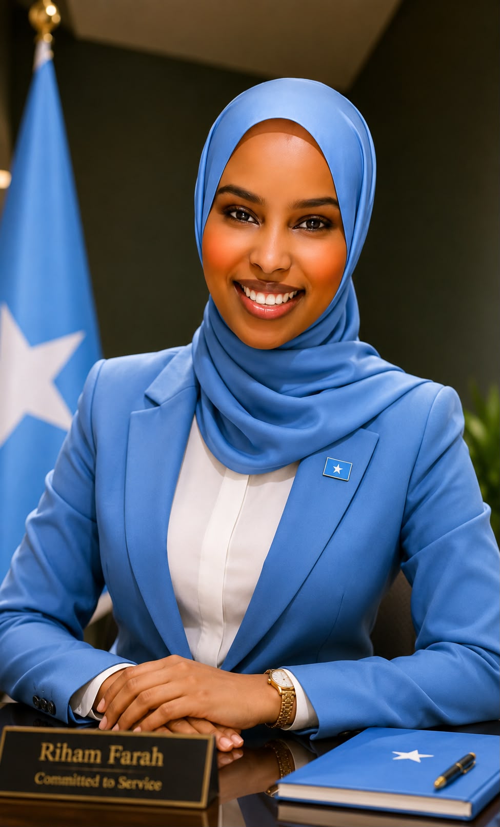 Rihaam Farah, business strategy consultant, in a blue hijab at her desk with the Somali flag