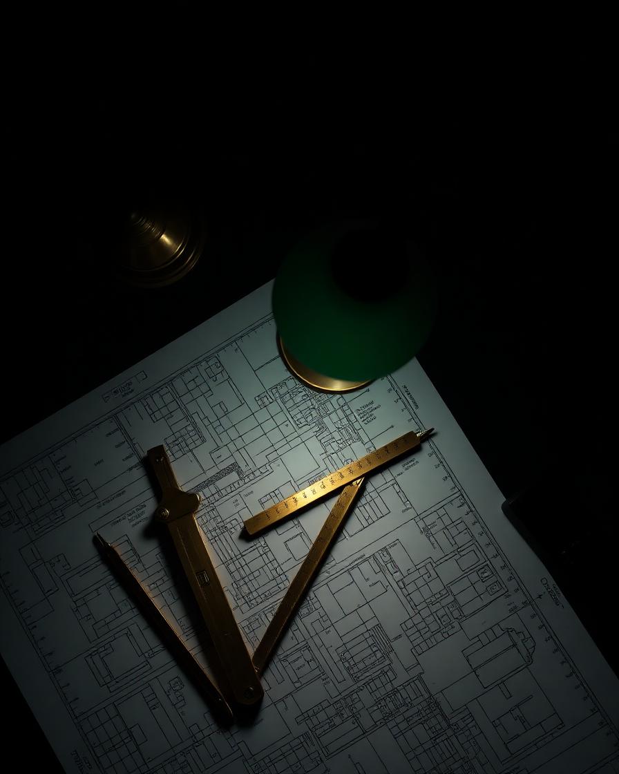 Architect's desk with blueprints, brass tools, and a green banker's lamp